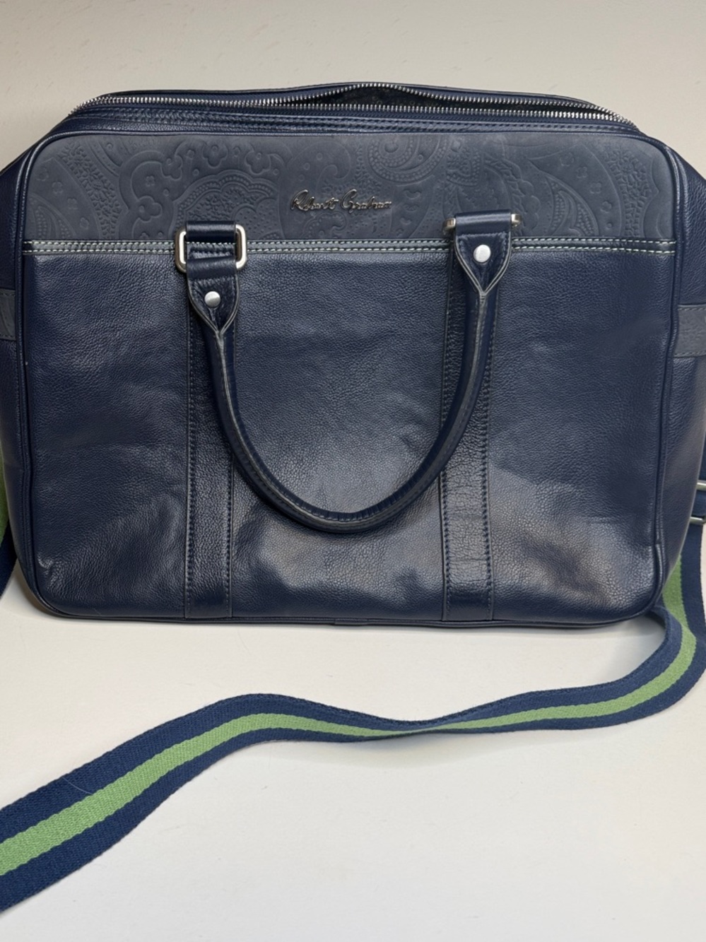 Robert Graham Navy Leather Laptop Bag with Blue and Green Strap